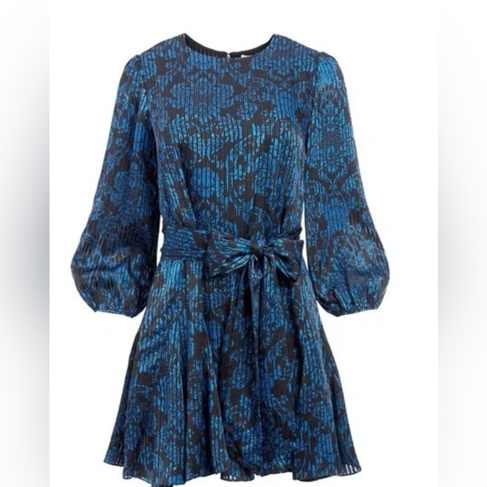Alice + Olivia Mina, Blue and Black, Puff-Sleeve Godet Belted Dress - Size 2
